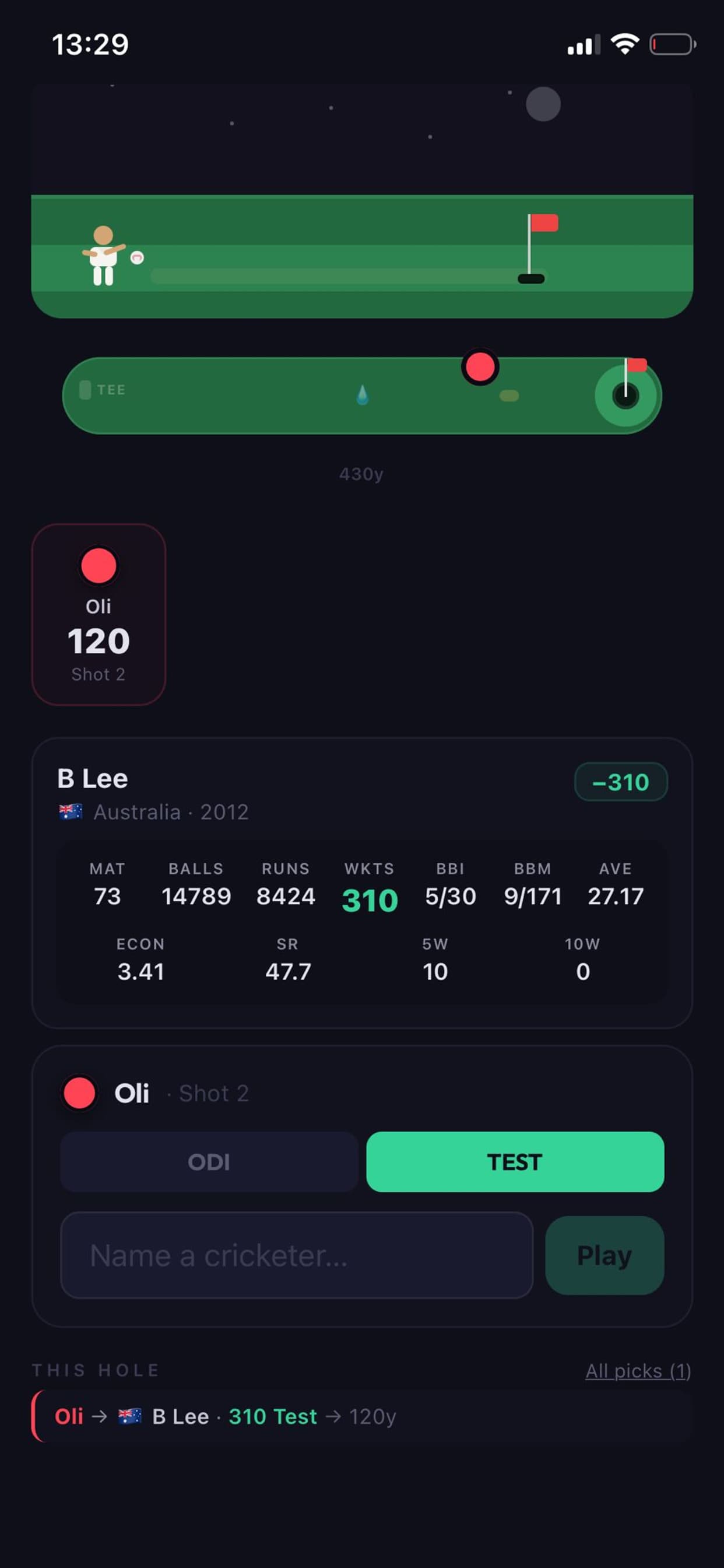 A cricketer’s full career card in play, with the yardage it takes off the hole