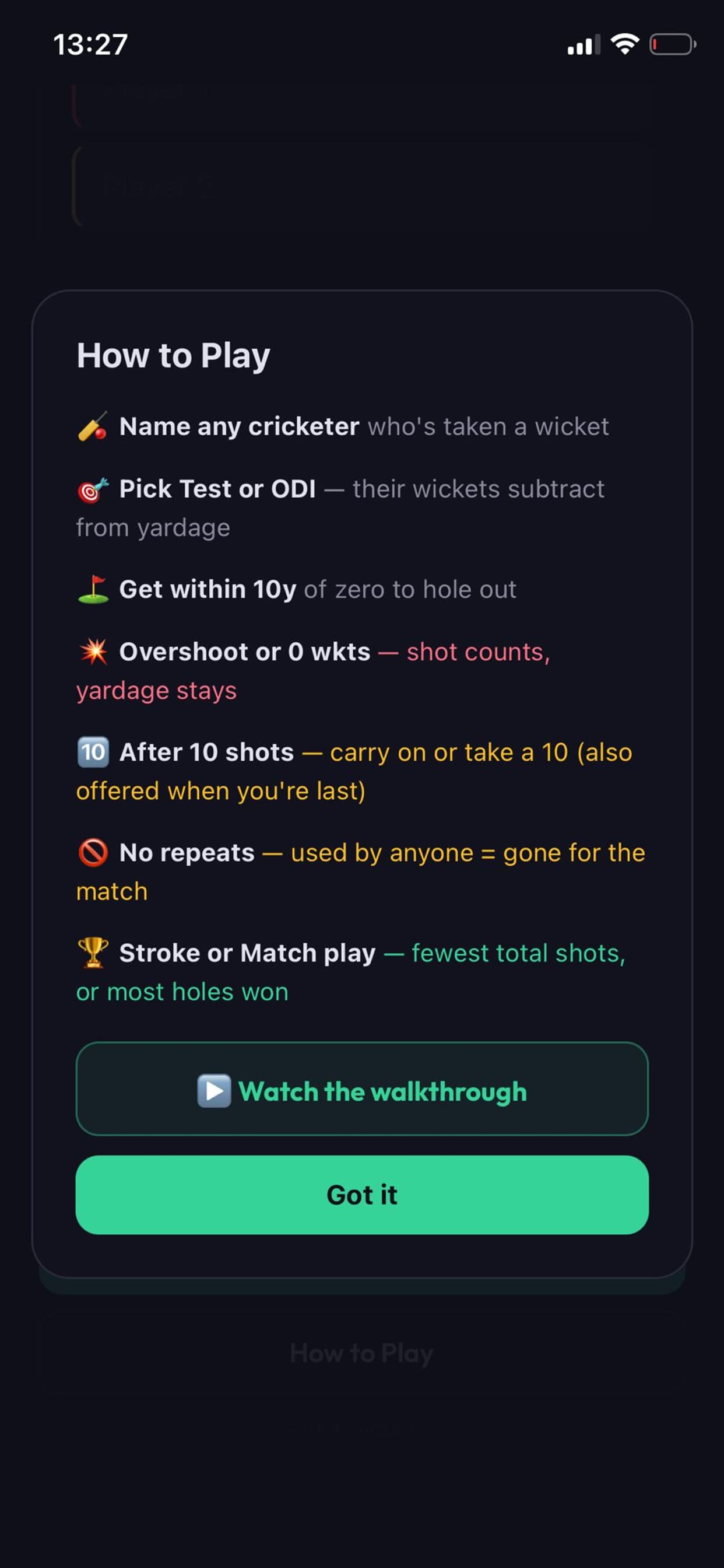 The how to play panel, explaining wickets, yardage and scoring