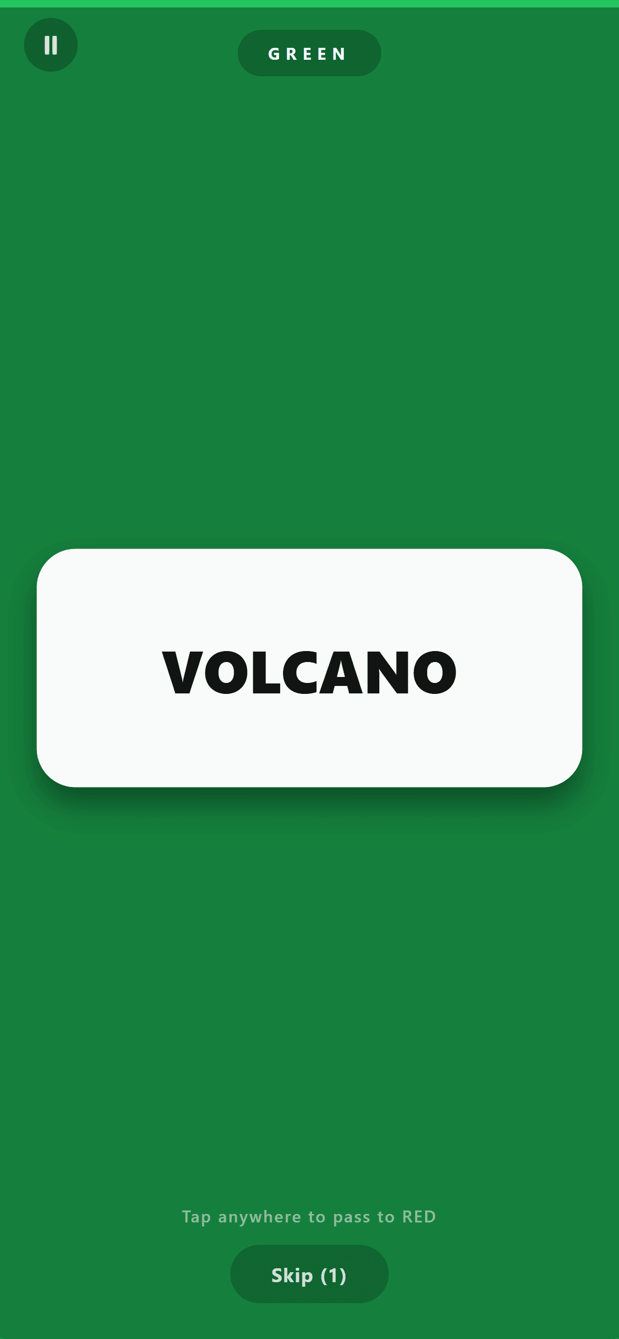 A word on screen, VOLCANO, with the phone waiting to be passed to the other team